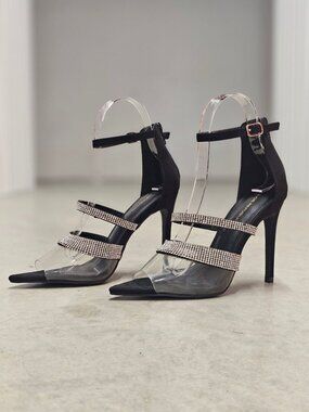 Rhinestone Clear Strap High Heels With Ankle Buckle & Back Zipper - Elegant Blac